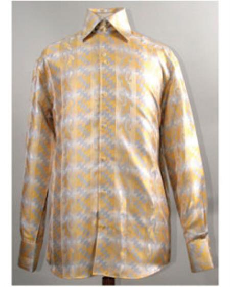 Men's Mustard High Collar Diamond Pattern Shiny Shirt Night Club Outfit guys Wear For Men Clothing Fashion