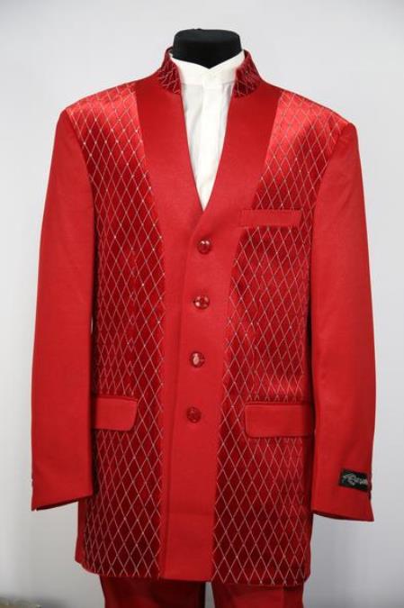 Men's Diamond Pattern Flap Two Pocket Red Mandarin Banded No Collar Suit