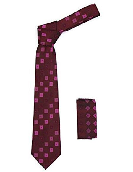 Men's Geometric Berry Red Necktie with Stylish Dotted Squares Includes Hanky Set- Men's Neck Ties - Mens Dress Tie - Trendy Mens Ties