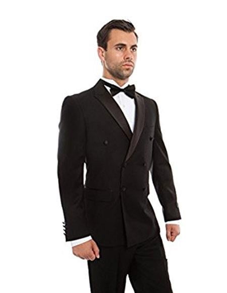 Double Breasted Tuxedo Mens Slim Fit Double breasted Suits Tuxedo Flat Front Pants Black 