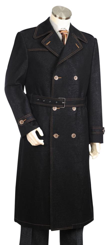 Men's Denim Long Coat - Denim Fabric Trench Coat