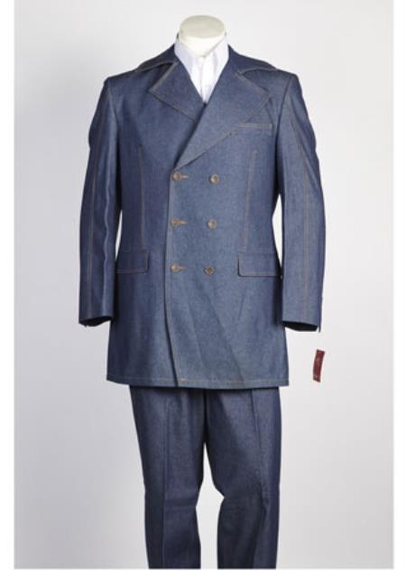 Men's Double Breasted Blue Suit with Pant - 6 on 3 Buttons Unique Style With Pleated Pants