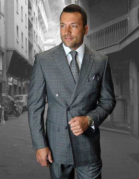 Men's Gray Windowpane 3 Pieces Suits Double-breasted Vested Check Formal Suits 