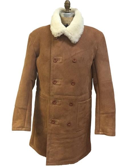 SKU#AP695 Mens Cognac Shearling Double Breasted Buttons C