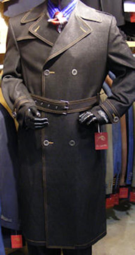 Men's Dress Coat Double Breasted Denim Maxi Coat with a Belt Black  - Men's Overcoat