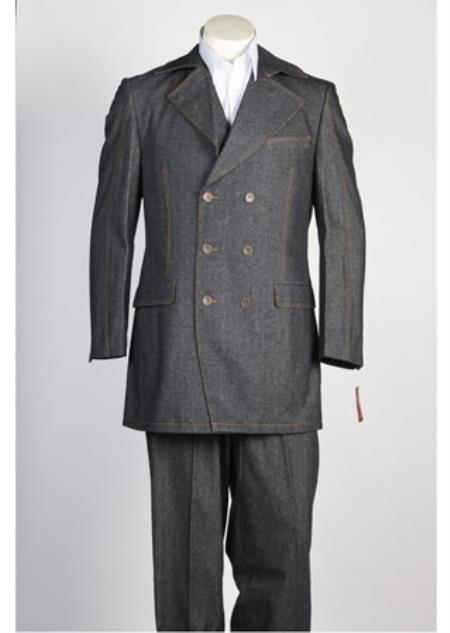 Men's Grey Black Double Breasted Suit - 6 on 3 Buttons Unique Style With Pleated Pants