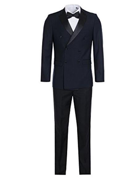 Double Breasted Tuxedo Mens Slim Fit Double breasted Suits Navy and Black Tuxedo Flat Front Pants