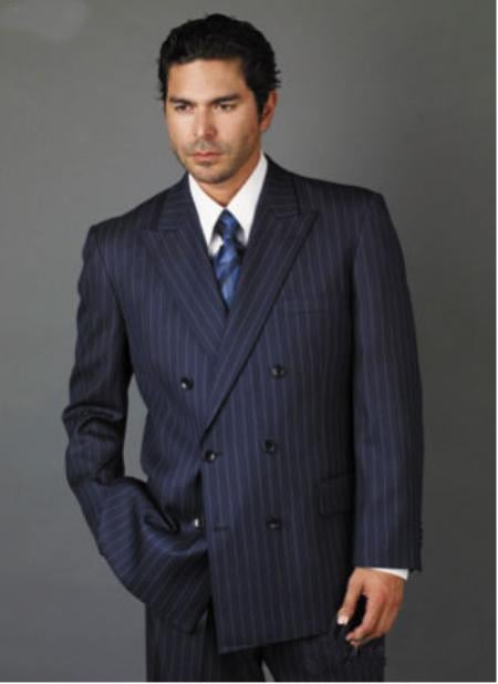 Men's Double Breasted Suits Dark Navy Blue Suit For Men with Smooth Stripe  ~ Pinstripe Suit With Side Vent Jacket Pleated Pants