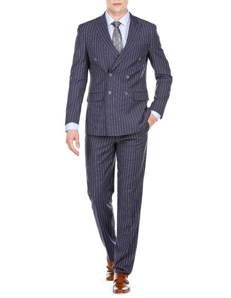 Men's Dark Navy Blue Double Breasted Suits Slim Fit Bold Stripe Peak Lapel Suits 