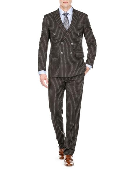 Men's Double Breasted Suits Slim Fit Bold Stripe Black Peak Lapel Suits 