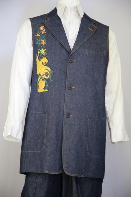 Men's Medieval Cloister Embroider  Dark Navy Blue Suit For Men Zoot Suit