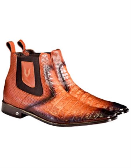 Men's Faded Cognac Vestigium Boots Genuine Caiman Belly Chelsea Boots