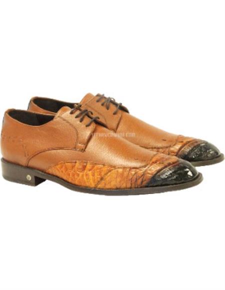 Men's Full Leather Faded Cognac Vestigium Genuine Caiman Belly Derby Shoes