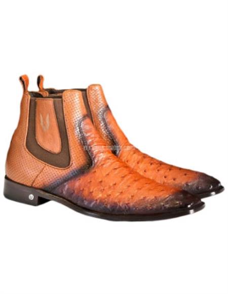 Handmade Faded Cognac Men's Vestigium Boots Genuine Ostrich Chelsea Boots