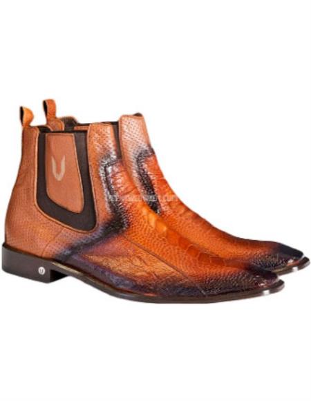 Men's Handcrafted Faded Cognac  Vestigium Genuine Ostrich Leg Chelsea Boots