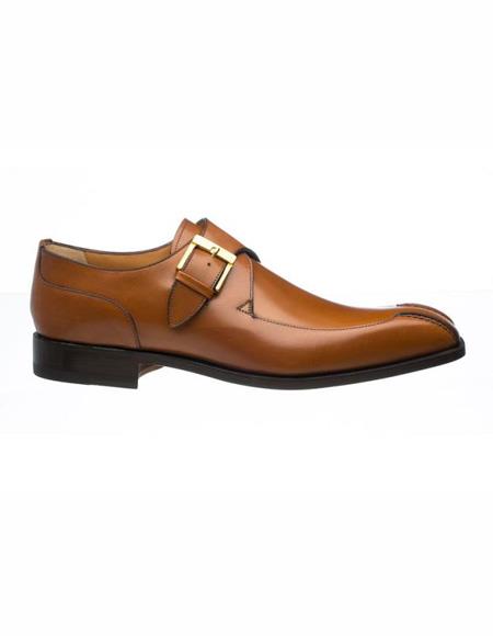 Brown Dress Shoe Ferrini Mens Brown French Calfskin Bicycle Toe Monk Strap With Buckle Shoes- Men's Buckle Dress Shoes