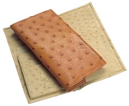 Men's Genuine Exotic Animal Skin Ferrini Genuine Full Quill Ostrich Checkbook Wallet in Bone & Cognac 