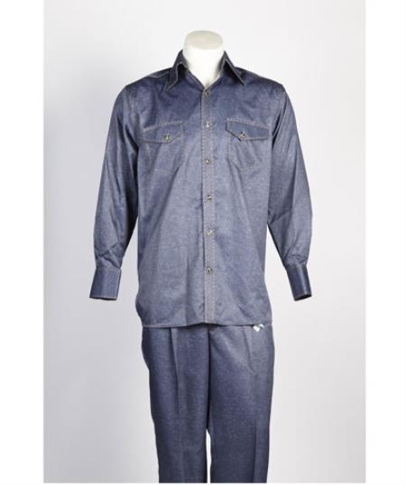 Men's 5 Button Casual Casual Two Piece Walking Outfit For Sale Pant Sets Suit Blue