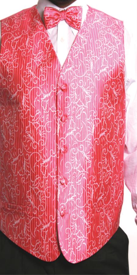 Men's 4 Piece JQD Groomsmen Dress Tuxedo Wedding Vest ~ Waistcoat ~ Waist coat  Set (Bow Tie, Neck Tie, Hanky) Fuchsia ~ fuschia ~ hot Pink 