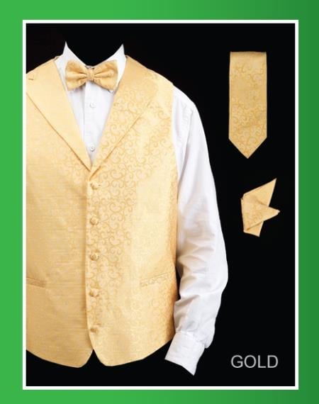 Men's Four Piece Dress Tuxedo Wedding Vest ~ Waistcoat ~ Waist coat Gold Lapelled Groomsmen (Bow Tie, Neck Tie, Hanky) Vest ~ Waistcoat ~ Waist coat Set 