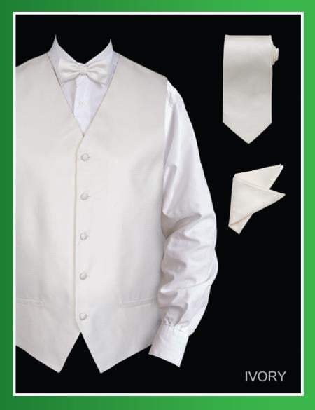 Men's 4 Piece Groomsmen Dress Tuxedo Wedding Vest ~ Waistcoat ~ Waist coat  Set (Bow Tie, Neck Tie, Hanky) - Jacquard Ivory 