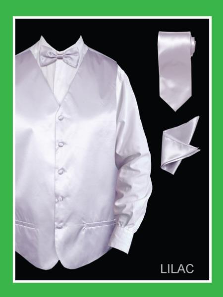 Men's 4 Piece Vest ~ Waistcoat ~ Waist coat Set (Bow Tie, Neck Tie, Hanky) - Satin Lilac Lavender - Men's Neck Ties - Mens Dress Tie - Trendy Mens Ties