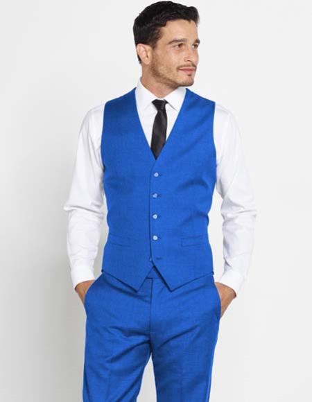 Men's Vest Matching Solid Regular Fit Dress Pants Set + Any Color Shirt & Tie Royal Blue