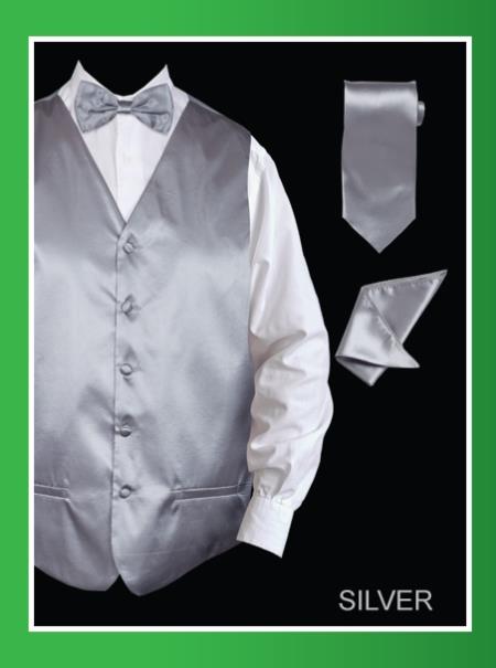 Men's 4 Piece Dress Tuxedo Wedding Vest ~ Waistcoat ~ Waist coat Set (Bow Tie, Neck Tie, Hanky) - Satin Silver 