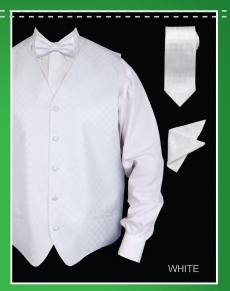 Men's 4 Piece Groomsmen Dress Tuxedo Wedding Vest ~ Waistcoat ~ Waist coat  Set (Bow Tie, Neck Tie, Hanky) - Chessboard Checkered White - Men's Neck Ties - Mens Dress Tie - Trendy Mens Ties