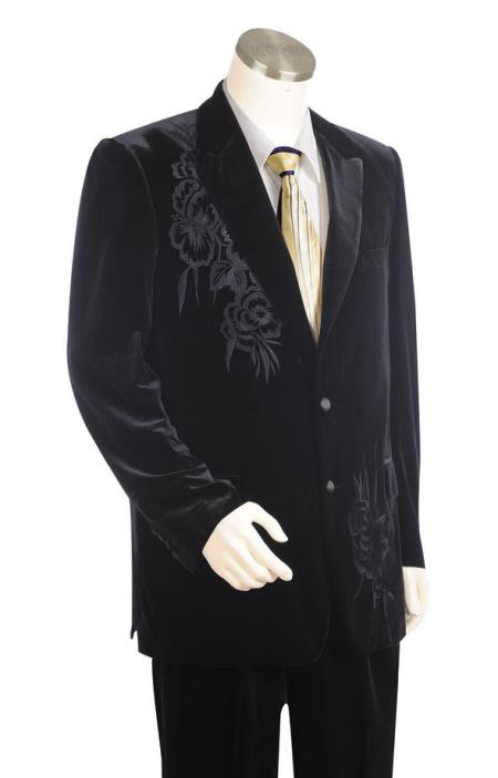 Men's Floral Embroidered Men's Velvet Suit Black Plain Peak Lapel Zoot Suit