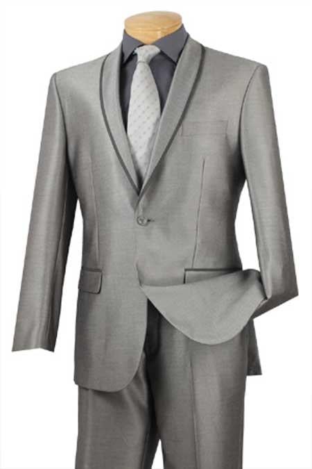 Grey poly/rayon Formal Slim Fit ~ Shawl Collar Trimmed No Pleated Pants Tuxedo Suits