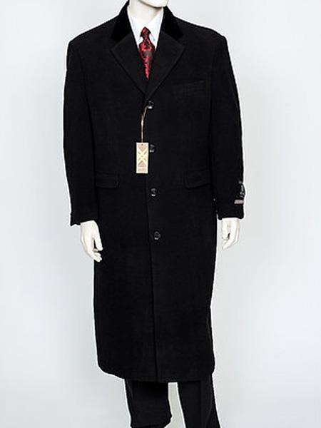 Men's Dress Coat Black Velvet Notch Collar Wool/Cashmere 4 Button Overcoat