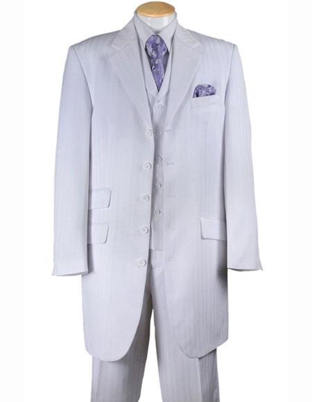 Men's Three Piece Vested All White Suit For Men 4 Buttons Tonal Striped Zoot Suit 