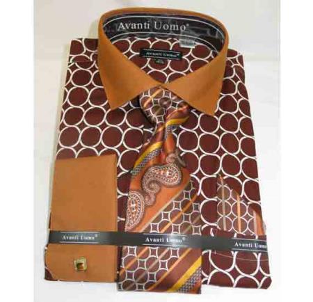 Brown Honey French Cuff With Collar Interlocking Ring Cotton Men's Dress Shirt
