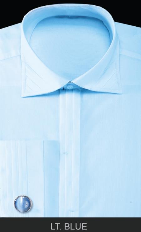 French Cuff with Cuff Links - Solid Pleated Collar Light Blue Men's Dress Shirt