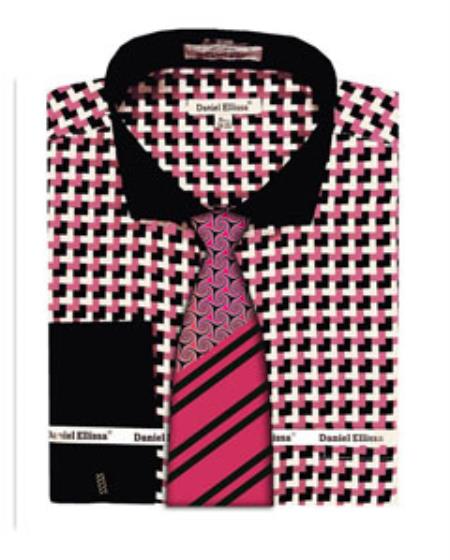 Pink Corner Pattern French Cuff Tie Set Men's Dress Shirt 