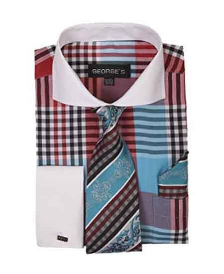 Mens Two Tone Plaid French Cuff Dress Shirt with Tie Handkerchief Cufflinks 