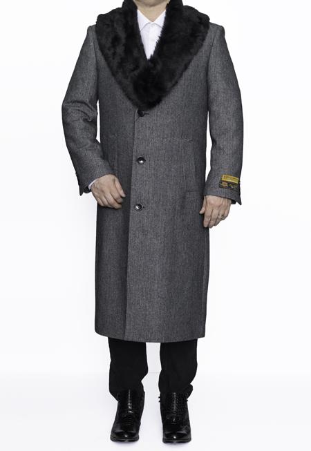Men's Grey Full Length Wool Dress Top Coat / Overcoat