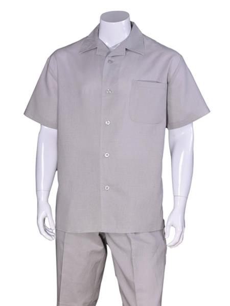 Men's Short Sleeve Linen Plain Gray Casual Casual Two Piece Mens Walking Outfit For Sale Pant Sets Suit With Pleated Pant