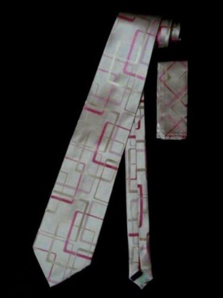 Silk Neck Tie W Hanky Pink Line Designs - Men's Neck Ties - Mens Dress Tie - Trendy Mens Ties