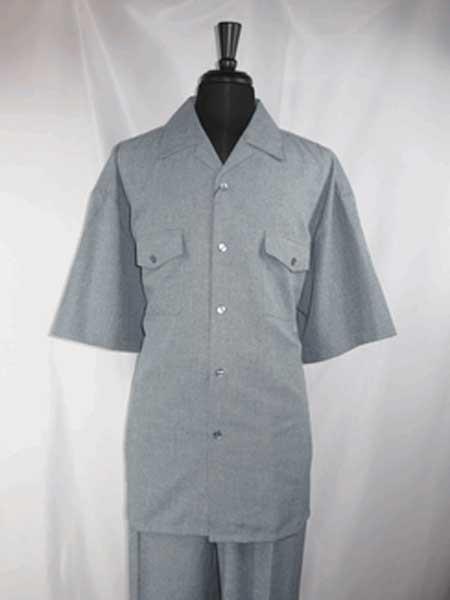 Grey  5 Buttons Short Sleeve Casual Two Piece Walking Outfit For Sale Pant Sets Shirt With Pleated Pant Set