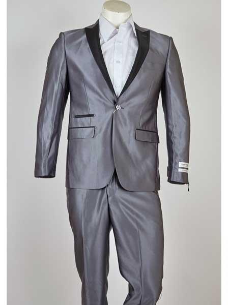 Men's Grey 1 Button Classic Fit Black Peak Lapel Suit