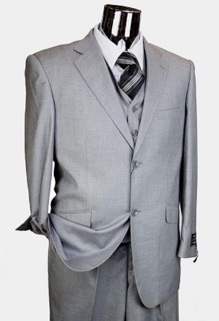 Men's Solid Wool Fabric Light Gray ~ Grey 3 Pieces Vested 2 Two Buttons Suit + Free Shirt & Tie