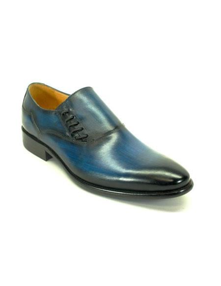 Men's Carrucci Slip-on Stylish Dress Loafer With Decorative Lace-up Navy Shoes - Teal Dress Shoe - Antique blue Shoe