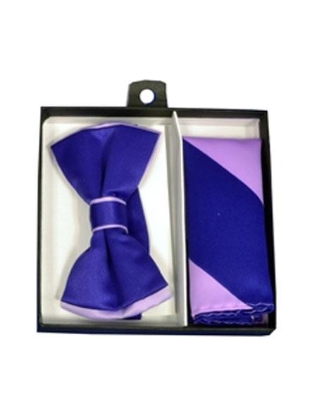 Men's Lavender / Purple Polyester Satin dual colors classic Bowtie with hankie - Men's Neck Ties - Mens Dress Tie - Trendy Mens Ties