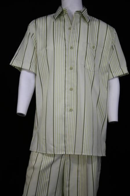 Men's Lemongrass Stripe Short Sleeve 2pc Casual Two Piece Walking Outfit For Sale Pant Sets Suit
