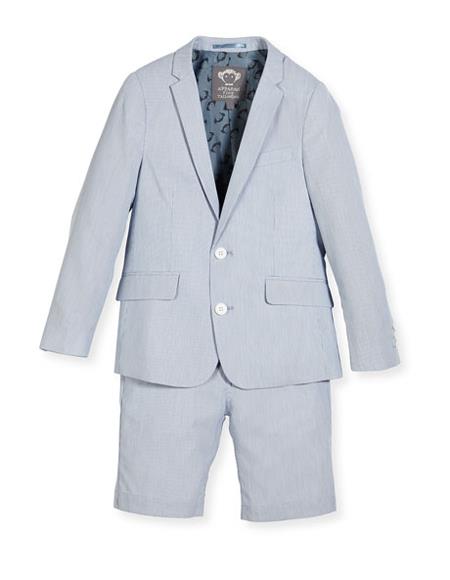 Men's Two Piece Striped Seersucker Sear sucker suit Light Blue Long sleeves Short Suit