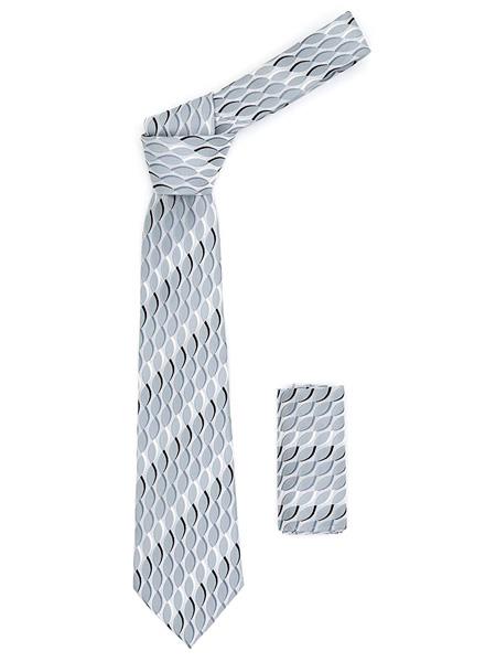 Men's Geometric Fashionable Light Grey With Swirl Design Hanky Set Necktie -Men's Neck Ties - Mens Dress Tie - Trendy Mens Ties