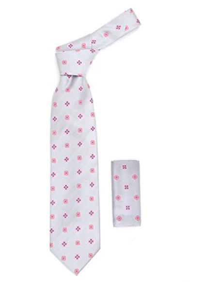 Men's Geometric Light Grey Necktie with Pink Clovers & Squares Includes Hanky Set-Men's Neck Ties - Mens Dress Tie - Trendy Mens Ties