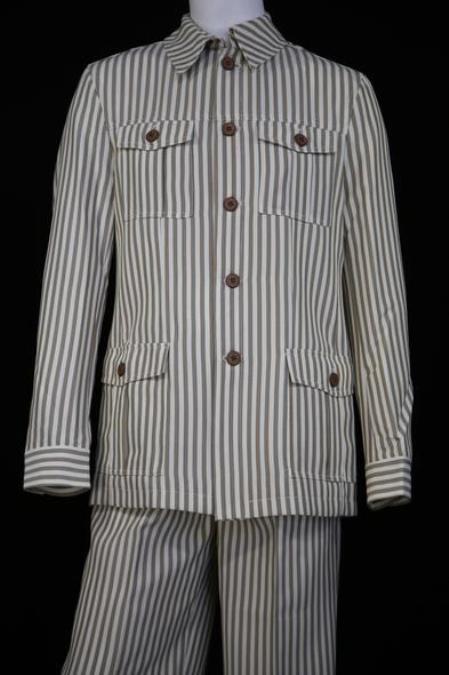 Men's Victorian Stripe Long Sleeve Casual Two Piece Walking Outfit For Sale Pant Sets Suit Coffee Quad Pockets